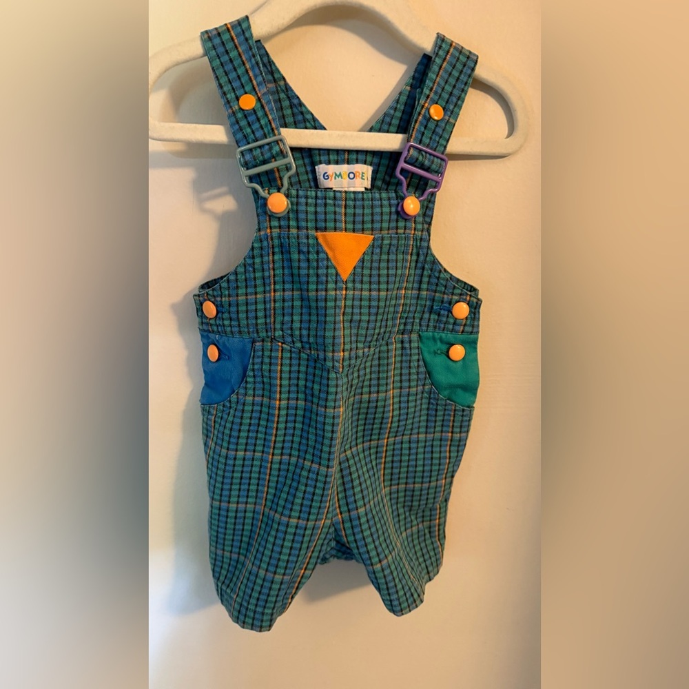 VTG Gymboree Rainbow Tag Infant Plaid Colorblock Teal Shortalls Short Overalls